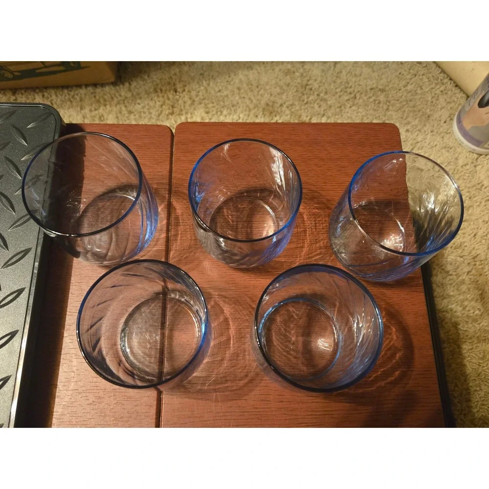 Vintage Light Blue Swirl Optic Glass Tumblers Set of 5 Mid Century